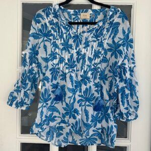 Elie Tahari Blue & White Floral Peasant Blouse | Tassel Tie | Size M